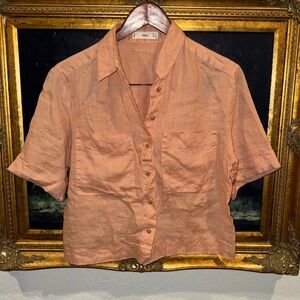 Mango MNG Peqch Boxy Fit 100% Linen Cropped Short Sleeve Top Size 4 Pockets